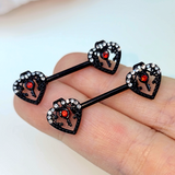 14G 9/16 Red Clear Gem Black Key Heart Barbell Nipple Ring Set