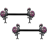 14G 9/16 Pink Gem Black Fashion Flamingo Barbell Nipple Ring Set