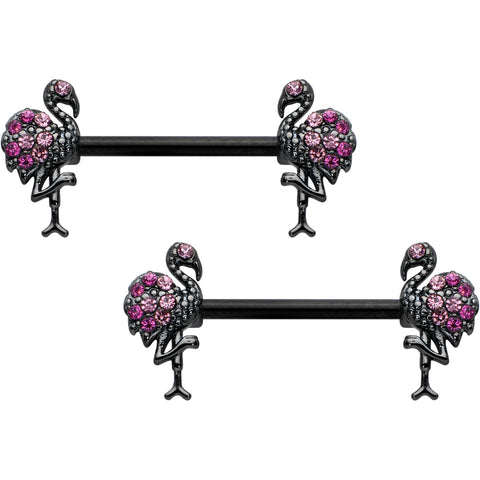 14G 9/16 Pink Gem Black Fashion Flamingo Barbell Nipple Ring Set
