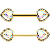 14G 9/16 Aurora Gem Gold Hue Rococo Heart Barbell Nipple Ring Set