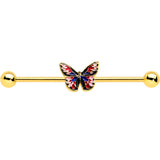 14G Gold Tone Red Blue Pink Butterfly Industrial Barbell 38mm