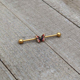 14G Gold Tone Red Blue Pink Butterfly Industrial Barbell 38mm