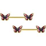 14G 5/8 Gold Tone Pink Blue Red Butterfly Barbell Nipple Ring Set