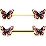 14G 5/8 Gold Tone Pink Blue Red Butterfly Barbell Nipple Ring Set