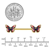 14G 5/8 Gold Tone Pink Blue Red Butterfly Barbell Nipple Ring Set