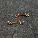 14G 5/8 Gold Tone Pink Blue Red Butterfly Barbell Nipple Ring Set