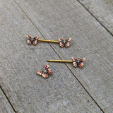 14G 5/8 Gold Tone Pink Blue Red Butterfly Barbell Nipple Ring Set