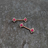 14G 9/16 Red Gem Rosy Tone Octogram Star Barbell Nipple Ring Set