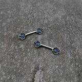 14G 9/16 Spring Flower Blue Green Barbell Nipple Ring Set