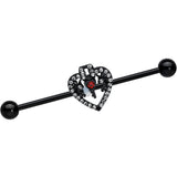 14G Clear Red Gem Black Key Heart Industrial Barbell 38mm