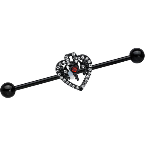 14G Clear Red Gem Black Key Heart Industrial Barbell 38mm
