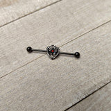 14G Clear Red Gem Black Key Heart Industrial Barbell 38mm