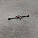 14G Clear Red Gem Black Key Heart Industrial Barbell 38mm