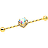 14G Aurora Gem Gold Hue Rococo Heart Industrial Barbell 38mm