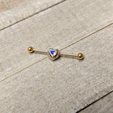 14G Aurora Gem Gold Hue Rococo Heart Industrial Barbell 38mm