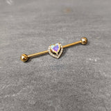 14G Aurora Gem Gold Hue Rococo Heart Industrial Barbell 38mm