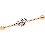 14G Clear CZ Gem Rose Gold Hue Simple Leaf Industrial Barbell 38mm