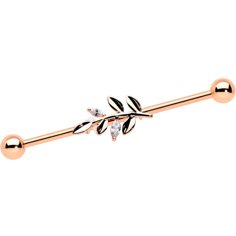 14G Clear CZ Gem Rose Gold Hue Simple Leaf Industrial Barbell 38mm