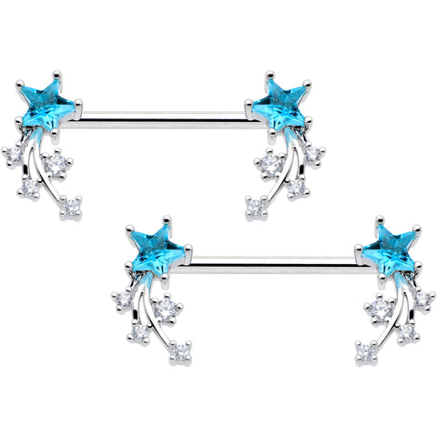 14G 9/16 Blue Clear CZ Gem Shooting Star Barbell Nipple Ring Set
