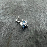 20G 1/4 Blue Clear CZ Gem Flower Beauty L Shape Nose Ring