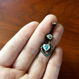 Clear Aurora Gem Black Rococo Heart Dangle Belly Ring