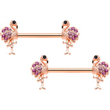 14G 9/16  Pink Gem Rose Gold Hue Fashion Flamingo Nipple Ring Set