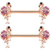 14G 9/16  Pink Gem Rose Gold Hue Fashion Flamingo Nipple Ring Set
