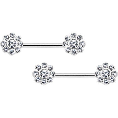 14G 9/16 Clear Gem Whimsy Flower Barbell Nipple Ring Set