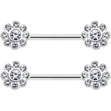 14G 9/16 Clear Gem Whimsy Flower Barbell Nipple Ring Set
