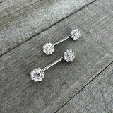 14G 9/16 Clear Gem Whimsy Flower Barbell Nipple Ring Set
