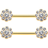 14G 9/16 Clear Gem Gold Tone Whimsy Flower Barbell Nipple Ring Set