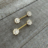 14G 9/16 Clear Gem Gold Tone Whimsy Flower Barbell Nipple Ring Set