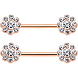 14G 9/16 Clear Gem Rosy Tone Whimsy Flower Barbell Nipple Ring Set