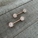 14G 9/16 Clear Gem Rosy Tone Whimsy Flower Barbell Nipple Ring Set