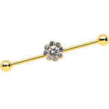 14G Clear Gem Gold Tone Whimsy Flower Industrial Barbell 38mm