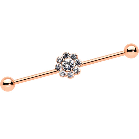 14G Clear Gem Rose Gold Hue Whimsy Flower Industrial Barbell 38mm