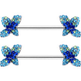 14G 9/16 Blue Gem Glamour Butterfly Barbell Nipple Ring Set