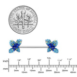 14G 9/16 Blue Gem Glamour Butterfly Barbell Nipple Ring Set