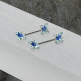 14G 9/16 Blue Gem Glamour Butterfly Barbell Nipple Ring Set