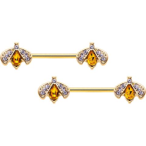 14G 9/16 Yellow Gem Gold Tone Fashion Bug Barbell Nipple Ring Set