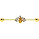 14G Clear Yellow Gem Gold Tone Style Bug Industrial Barbell 38mm
