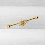 14G Clear Yellow Gem Gold Tone Style Bug Industrial Barbell 38mm