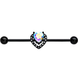 14G Aurora Clear Gem Black Rococo Heart Industrial Barbell 38mm