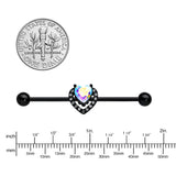 14G Aurora Clear Gem Black Rococo Heart Industrial Barbell 38mm