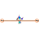 14G Aurora CZ Gem Rosy Tone Fleur de Lis Butterfly Industrial Barbell 38mm