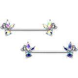14G 9/16 Aurora CZ Gem Fleur de Lis Butterfly Barbell Nipple Ring Set