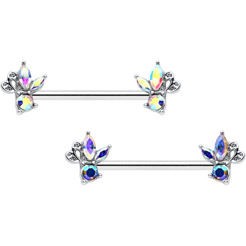 14G 9/16 Aurora CZ Gem Fleur de Lis Butterfly Barbell Nipple Ring Set