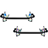 14G 19mm Aurora CZ Gem Black Fleur de Lis Butterfly Barbell Nipple Ring Set