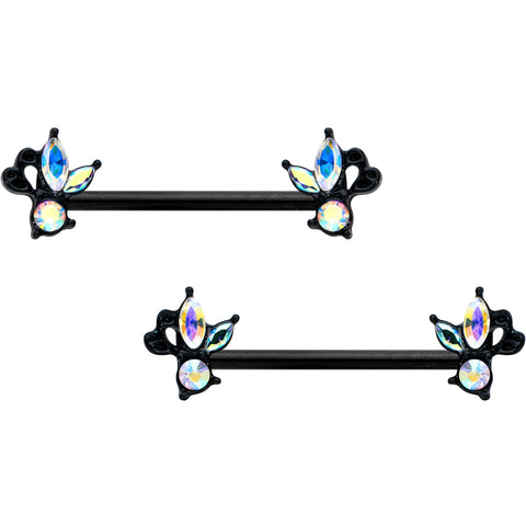 14G 19mm Aurora CZ Gem Black Fleur de Lis Butterfly Barbell Nipple Ring Set