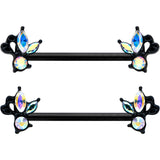 14G 19mm Aurora CZ Gem Black Fleur de Lis Butterfly Barbell Nipple Ring Set